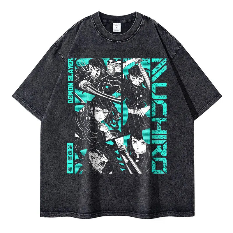 Demon Slayer Vintage Washed T-Shirt – Oversized Kimetsu no Yaiba Tee Featuring Muzan, Tanjirou, Nezuko | Unisex Anime Streetwear