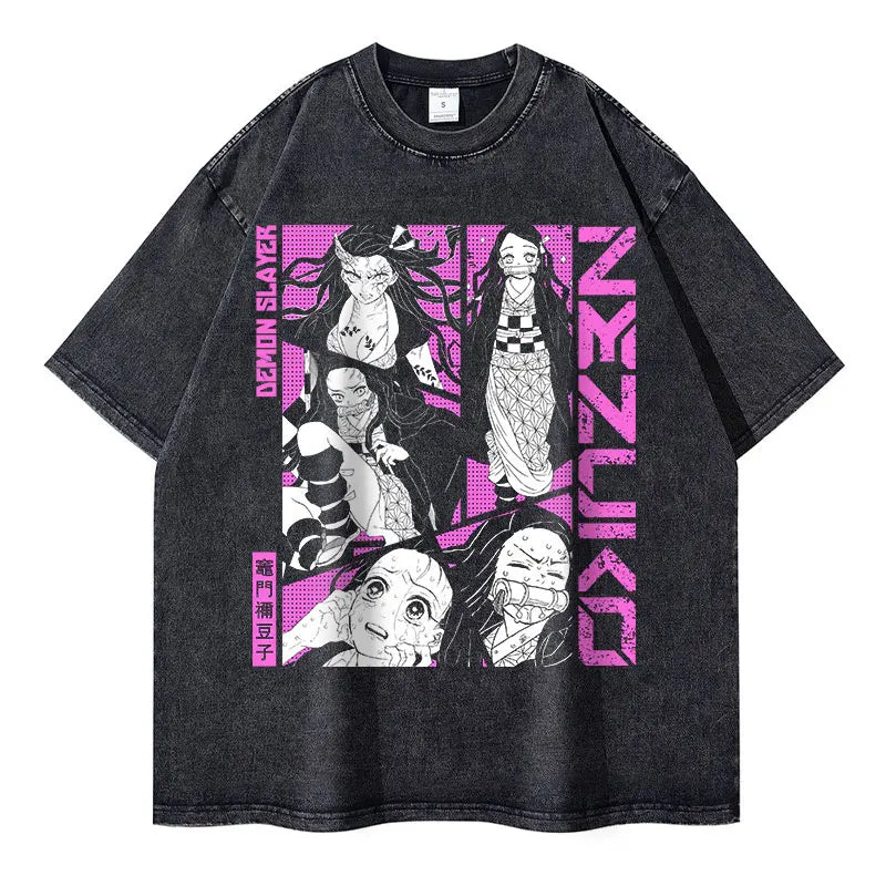 Demon Slayer Vintage Washed T-Shirt – Oversized Kimetsu no Yaiba Tee Featuring Muzan, Tanjirou, Nezuko | Unisex Anime Streetwear