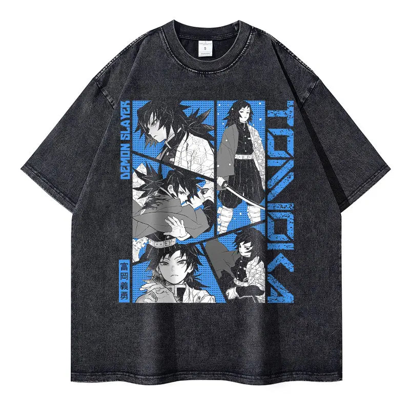 Demon Slayer Vintage Washed T-Shirt – Oversized Kimetsu no Yaiba Tee Featuring Muzan, Tanjirou, Nezuko | Unisex Anime Streetwear