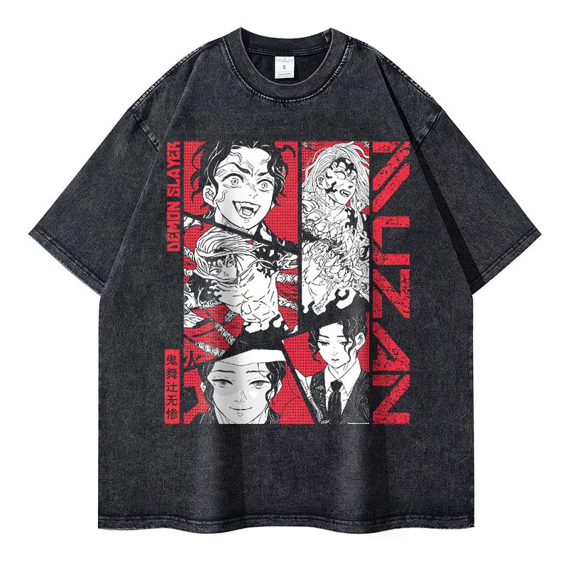 Demon Slayer Vintage Washed T-Shirt – Oversized Kimetsu no Yaiba Tee Featuring Muzan, Tanjirou, Nezuko | Unisex Anime Streetwear