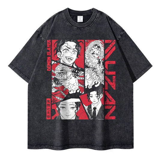 Demon Slayer Vintage Washed T-Shirt – Oversized Kimetsu no Yaiba Tee Featuring Muzan, Tanjirou, Nezuko | Unisex Anime Streetwear