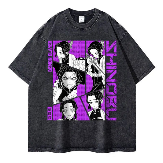 Demon Slayer Vintage Washed T-Shirt – Oversized Kimetsu no Yaiba Tee Featuring Muzan, Tanjirou, Nezuko | Unisex Anime Streetwear