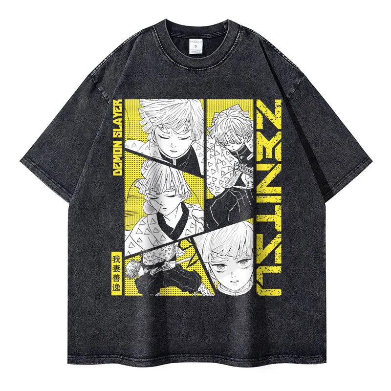 Demon Slayer Vintage Washed T-Shirt – Oversized Kimetsu no Yaiba Tee Featuring Muzan, Tanjirou, Nezuko | Unisex Anime Streetwear