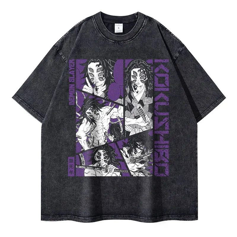 Demon Slayer Vintage Washed T-Shirt – Oversized Kimetsu no Yaiba Tee Featuring Muzan, Tanjirou, Nezuko | Unisex Anime Streetwear