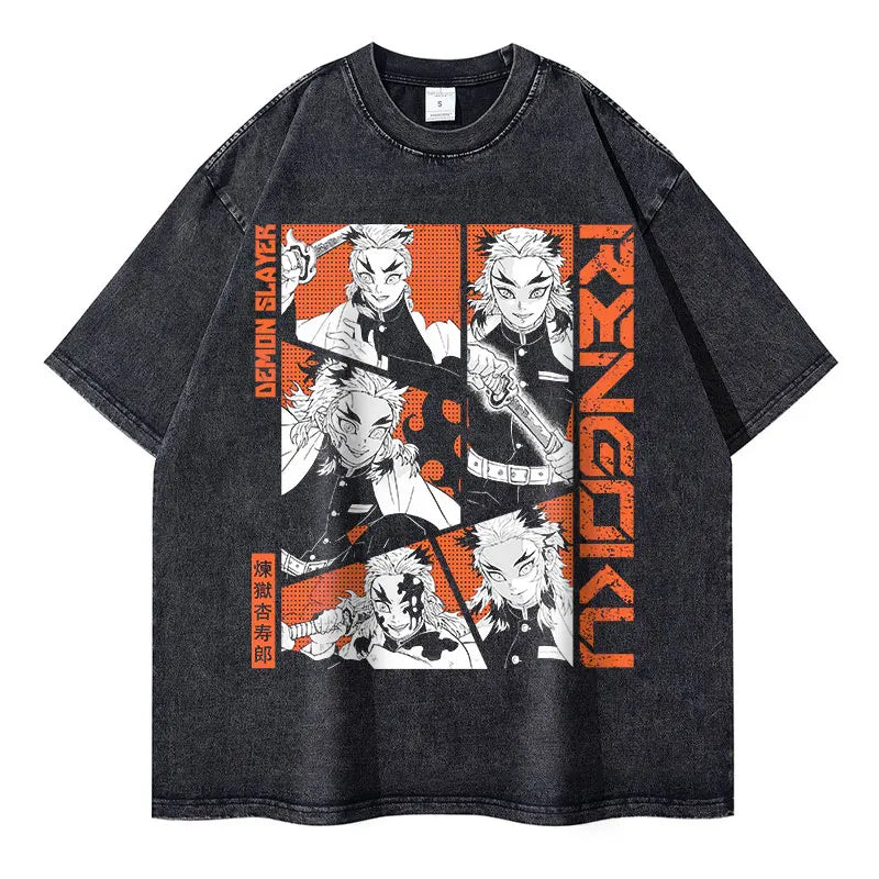 Demon Slayer Vintage Washed T-Shirt – Oversized Kimetsu no Yaiba Tee Featuring Muzan, Tanjirou, Nezuko | Unisex Anime Streetwear