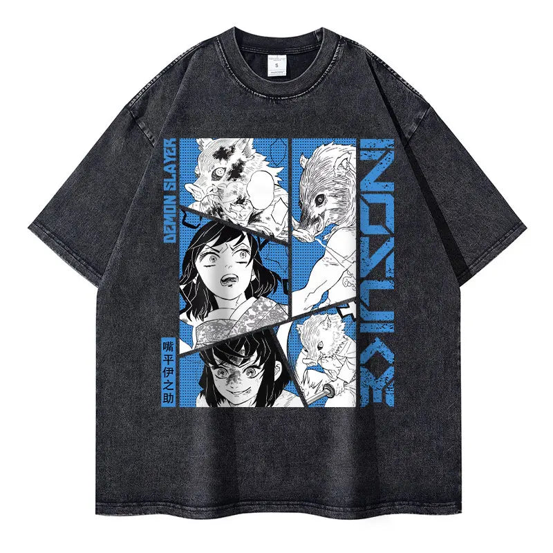 Demon Slayer Vintage Washed T-Shirt – Oversized Kimetsu no Yaiba Tee Featuring Muzan, Tanjirou, Nezuko | Unisex Anime Streetwear